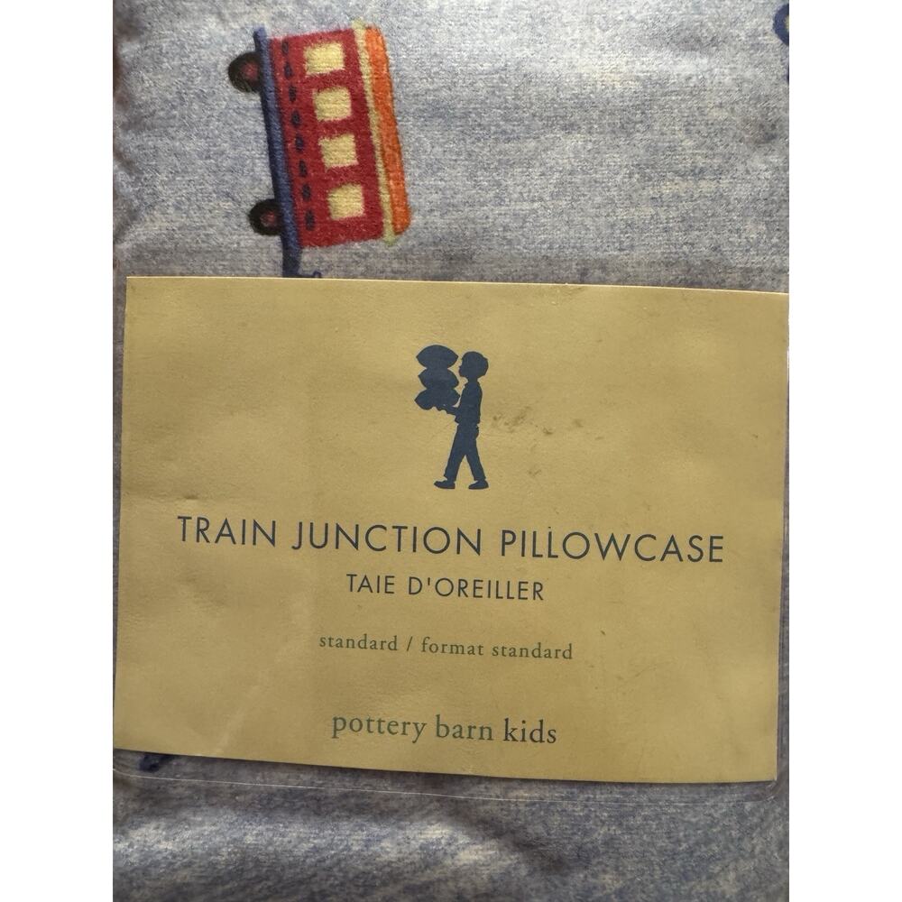 Pottery Barn Kids Train Junction Pillowcase Blue Cotton Flannel Standard Sz Nip - Picture 2 of 4